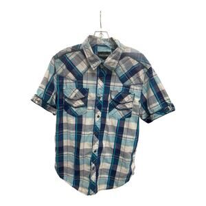 Rebel & Soul Shirt Mens XL Button Up Blue Gray White Plaid Short Sleeve
